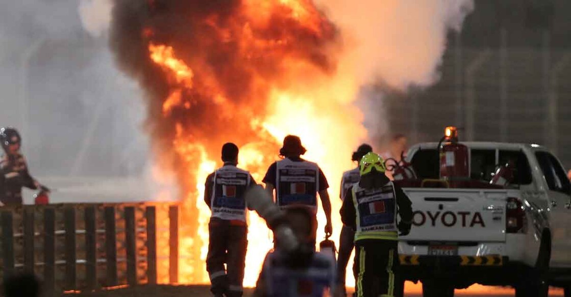 Grosjean crash at Bahrain GP