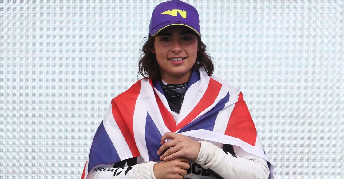 Jamie Chadwick celebrates winning the 2021 W Series Championship. File photo: AFP/Chris Graythen