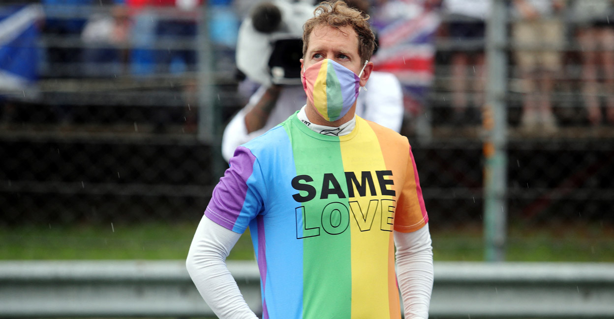 Aston Martin's Sebastian Vettel wears a rainbow shirt before the  Hungarian GP last year. File photo: Reuters/Florion Goga