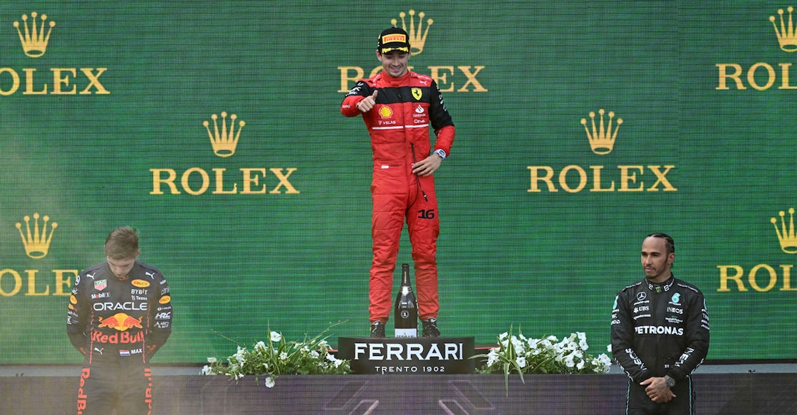 Ferrari's Charles Leclerc celebrates on the podium after the Formula One Austrian Grand Prix at the Red Bull Ring race track in Spielberg, Austria on Sunday. Photo: AFP/ Joe Klamar