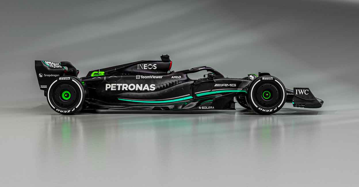 A handout image released by Mercedes shows the team's new Formula One racing car during their 2023 season launch in Silverstone. Photo: Mercedes/AFP
