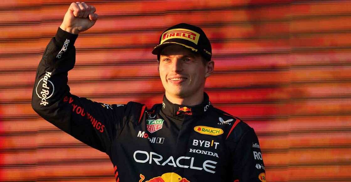 Red Bull's Max Verstappen celebrates on the podium. Photo: AFP/Martin Keep 