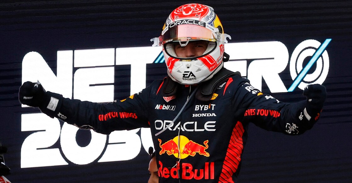 Red Bull's Max Verstappen celebrates after winning the Spanish Grand Prix. Photo: Reuters/Albert Gea