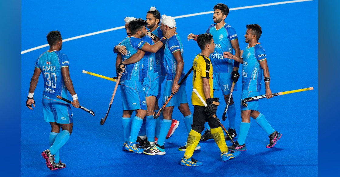 Indian players celebrate a goal against Malaysia during the Asian Champions Trophy 2023 at Mayor Radhakrishnan Hockey Stadium in Chennai on Sunday. Photo: PTI