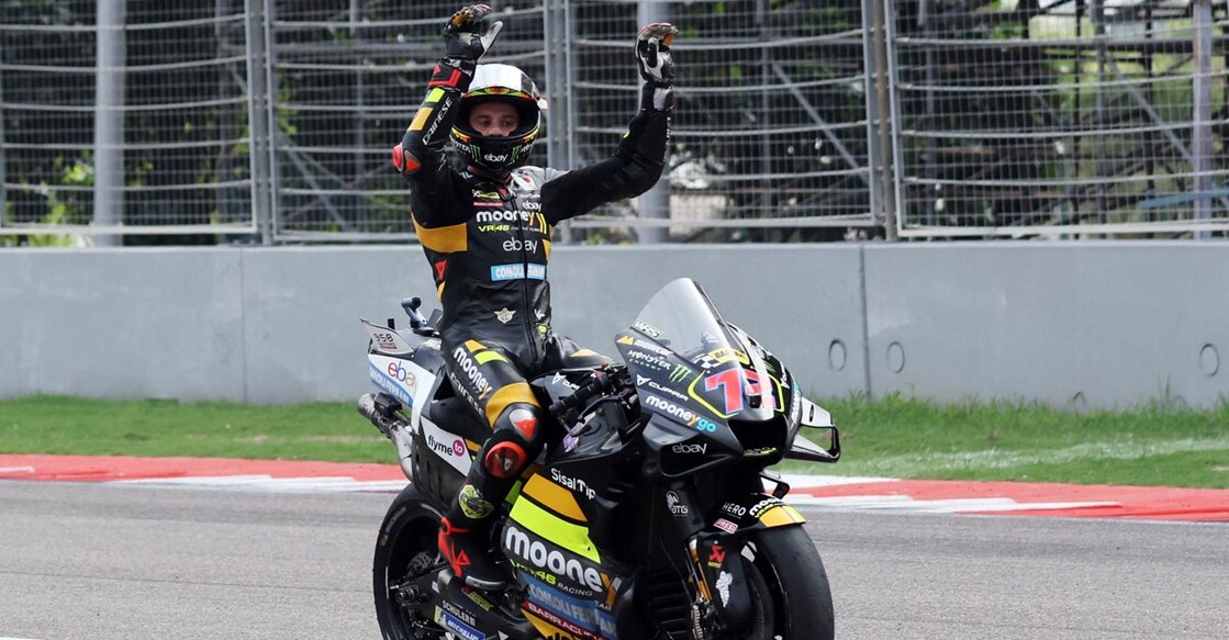 Marco Bezzecchi celebrates after winning the race. Photo: Reuters/Anushree Fadnavis