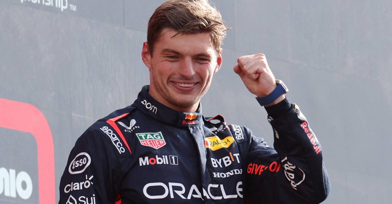 max-verstappen-gp Max Verstappen celebrates on the podium after winning the Italian Grand Prix . Photo: Reuters