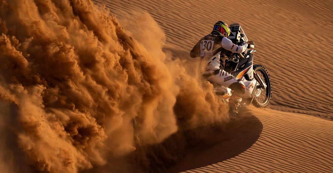 A participant tests his motorcycle ahead of the Rally of Morocco 2021. File photo: AFP/Fadel Senna