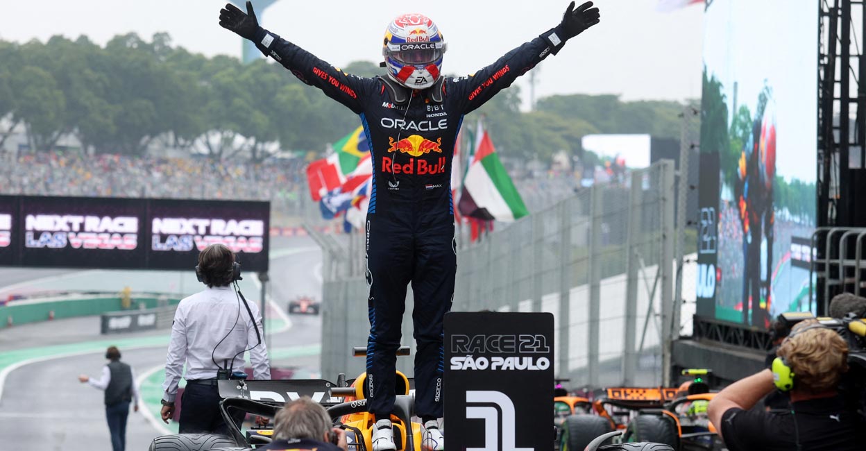 Red Bull's Max Verstappen celebrates his win. Photo: Reuters/Carla Carniel