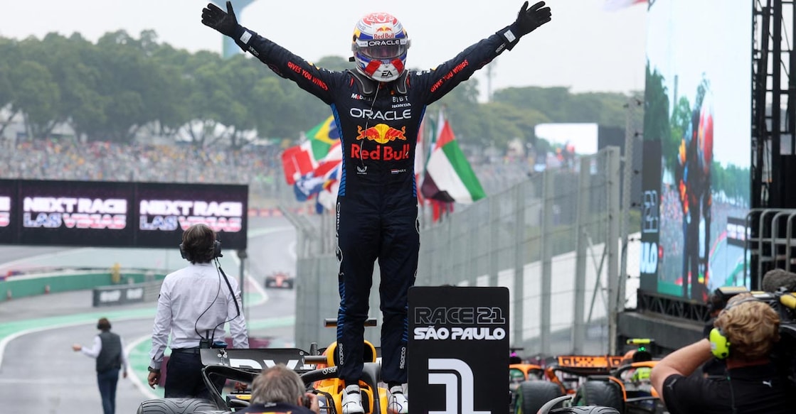 Red Bull's Max Verstappen celebrates his win. Photo: Reuters/Carla Carniel