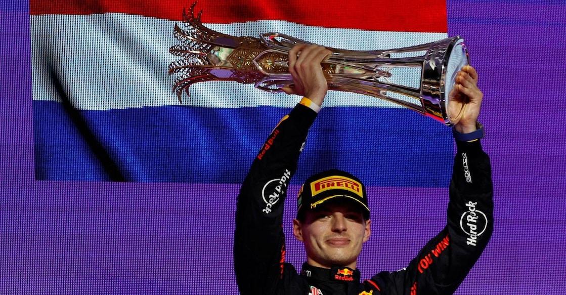 Red Bull's Max Verstappen celebrates on the podium after winning the Saudi Arabian GP. Photo: Reuters/Hamad I Mohammed