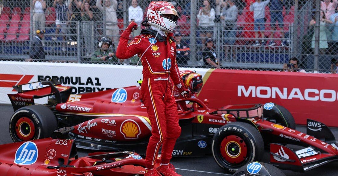 Ferrari's Charles Leclerc celebrates after winning the Monaco Grand Prix. Photo: Reuters/Claudia Greco/Pool