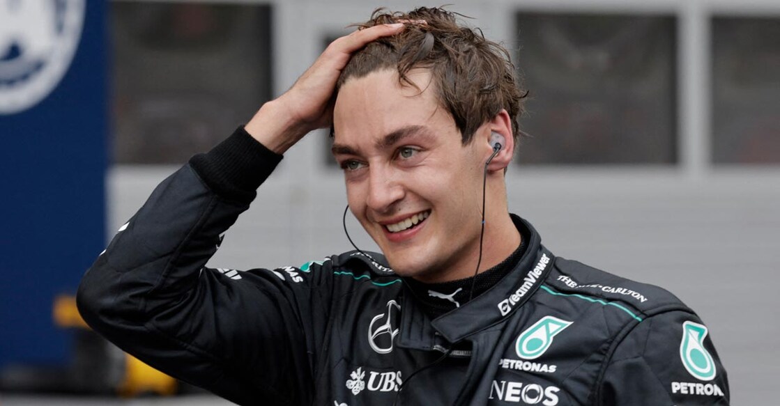 Mercedes' George Russell celebrates after winning the Austrian GP. Photo: Reuters/Leonhard Foeger