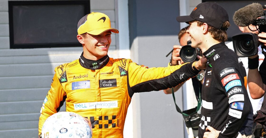 McLaren's Lando Norris celebrates after finishing second place in the Hungarian Grand Prix with winner McLaren's Oscar Piastri. Photo: Reuters/Bernadett Szabo