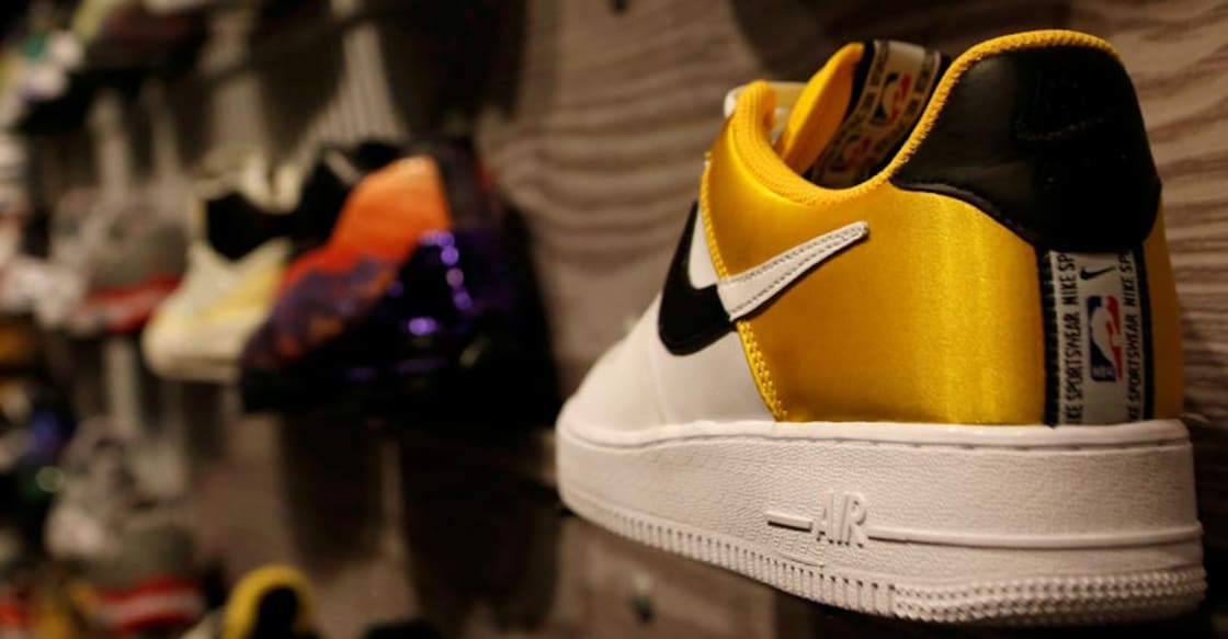 A pair of Nike's Air Force sneakers with a NBA logo is seen display at a Nike store in Beijing,