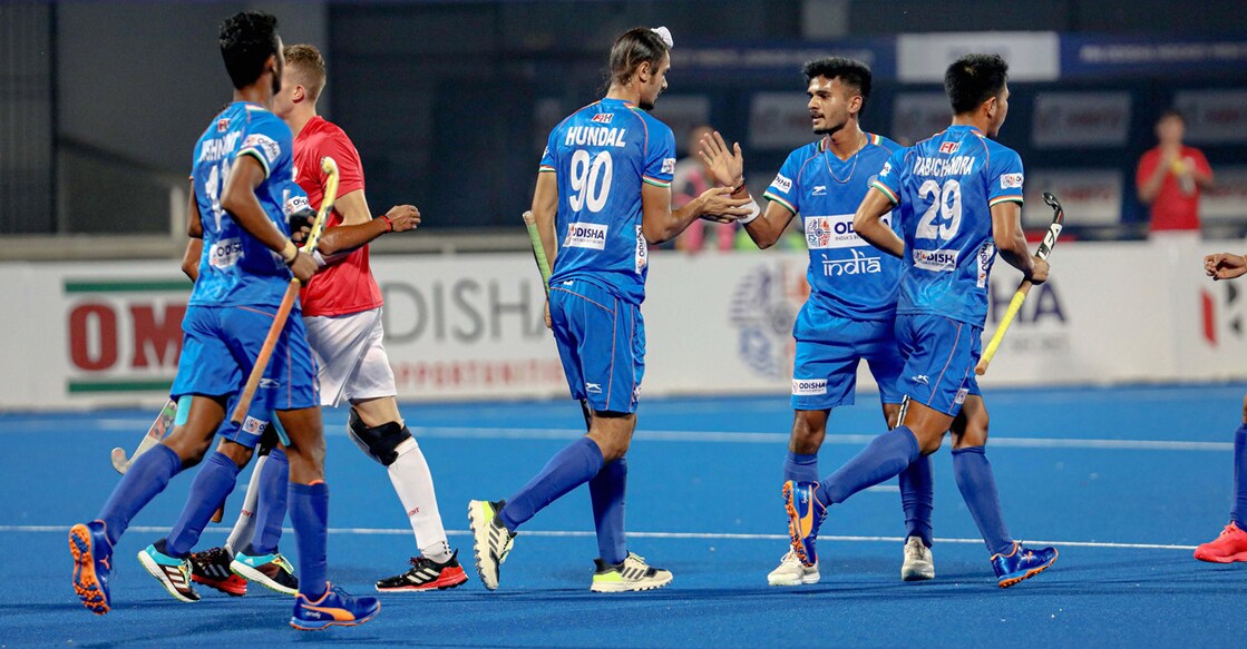 Indian players celebrate a goal against Poland. Photo: PTI
