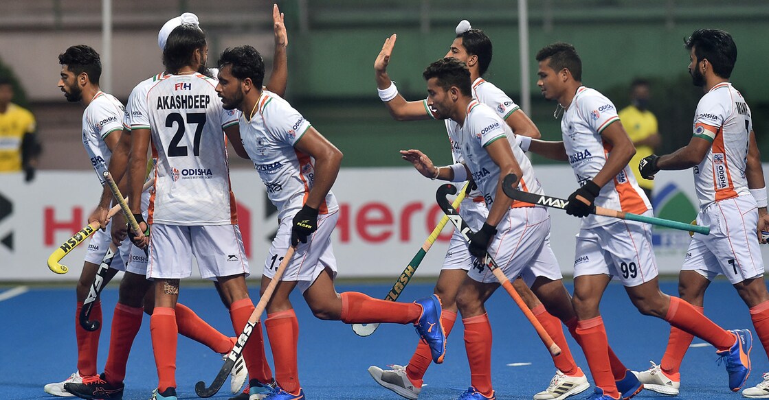 Indian players celebrate a goal against Japan. Photo: AFP/Munir Uz zaman