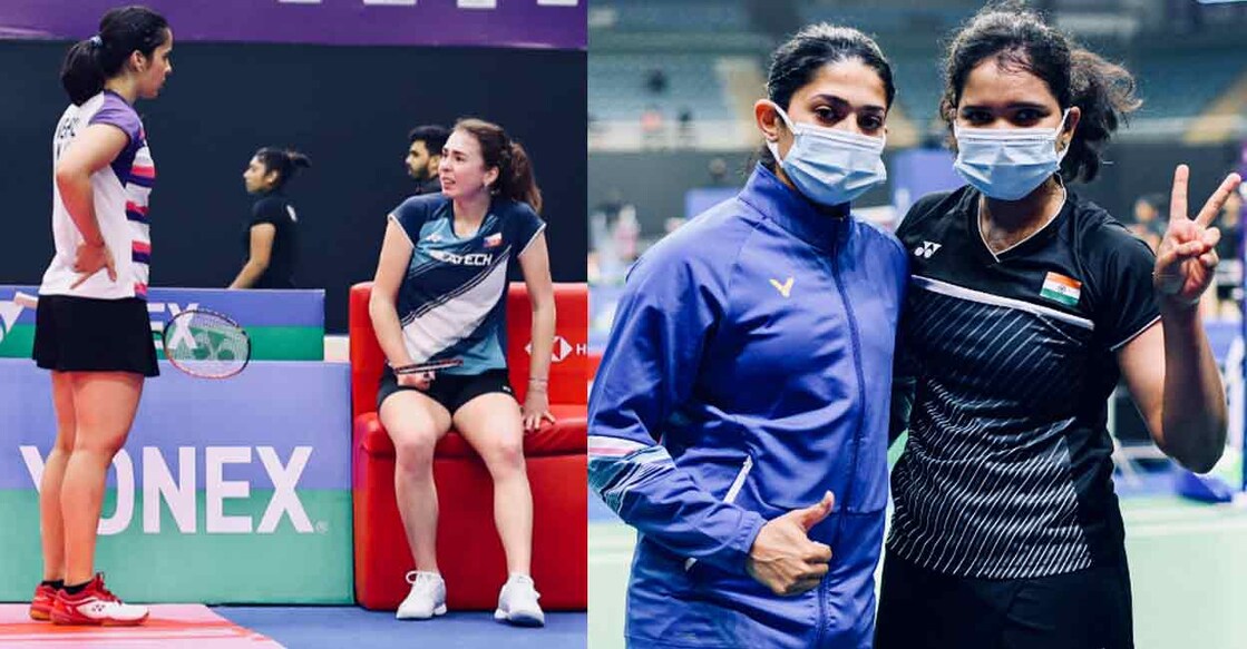 L-R: Saina Nehwal and Tereza S talk after the latter retired from their match with an injury.  Ashwini Ponnappa and Sikki Reddy pose after progressing to the next round. Photos: Twitter/ @BAI_Media