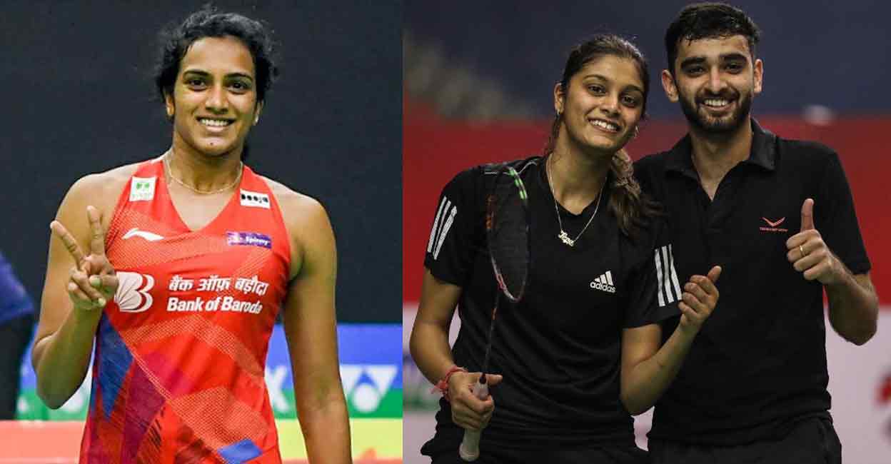 P V Sindhu and the mixed doubles pair of Ishaan Bhatnagar and Tanisha Crasto pose after winning the Syed Modi international titles. Photos: Twitter/ @Media_SAI