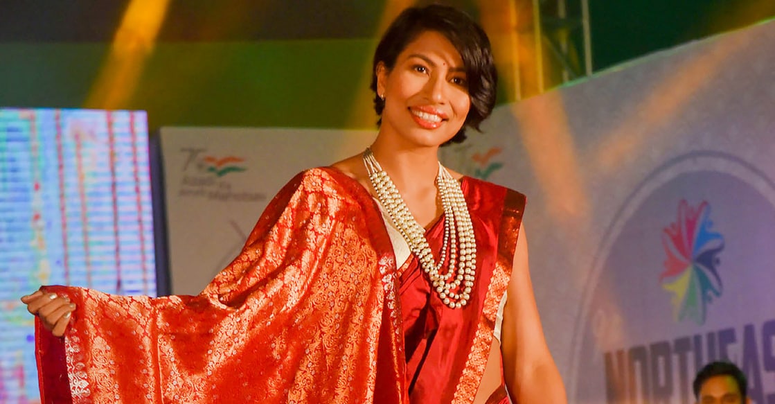 Lovlina Borgohain wore  a traditional Assamese saree of mulberry silk 'paat'. Photo: PTI