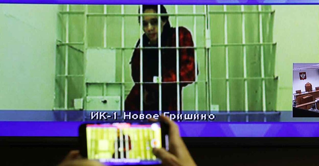 Brittney Griner appears on a screen via video link from the detention centre during a court hearing on Tuesday. Photo: Reuters/Evgenia Novozhenina