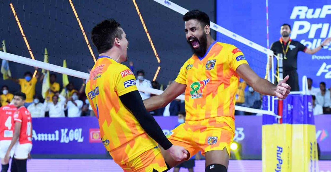Chennai Blitz's Malayali player Akhin GS (right) celebrates a point with a teammate. Photo: Special Arrangement