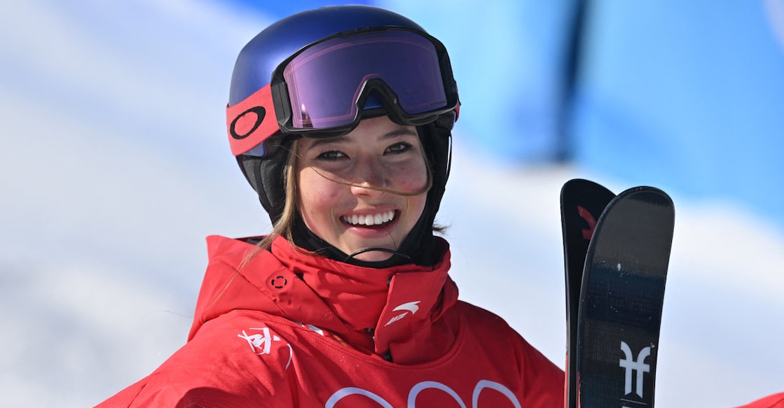China's Gu Eileen celebrates winning the freestyle skiing freeski halfpipe final. Photo: AFP/Ben Stansall