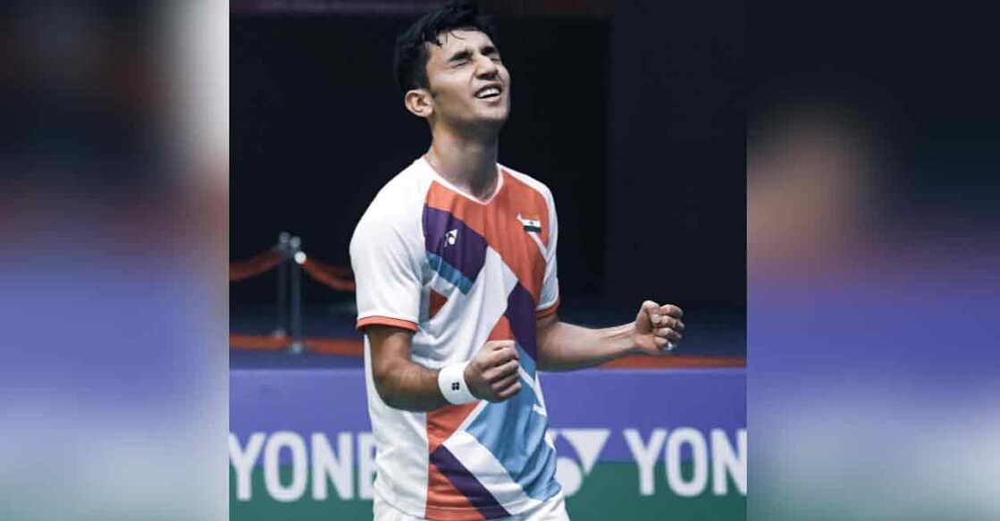 Lakshya Sen celebrates his victory. Photo: Twitter/ @BAI_Media