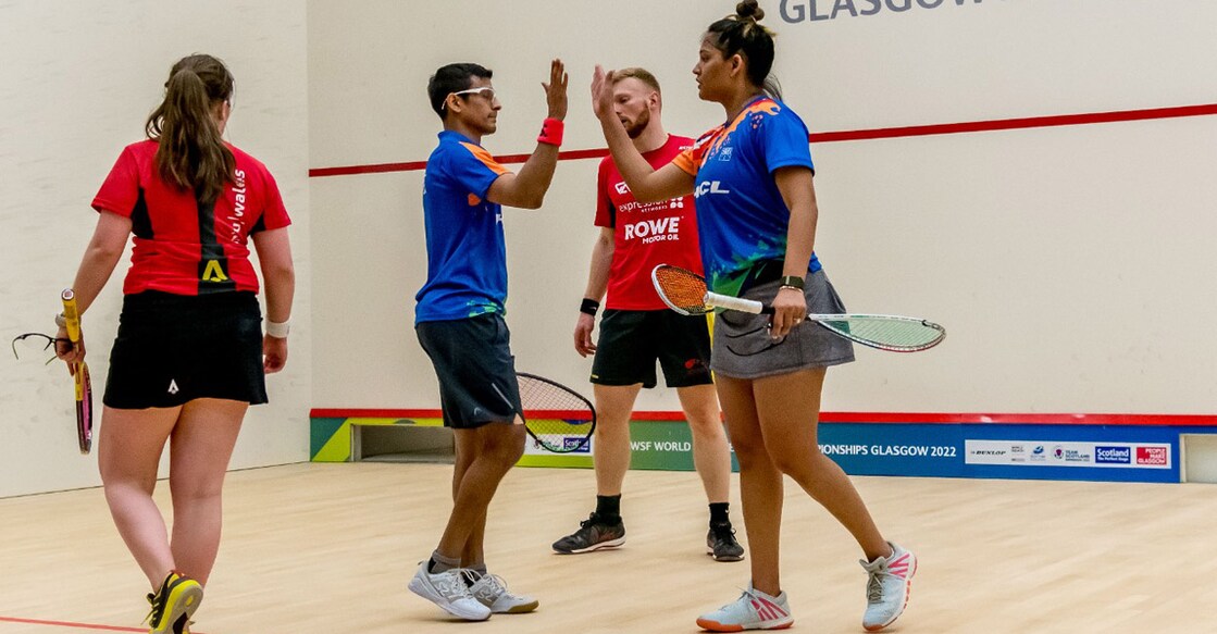 Sourav Ghosal and Dipika Pallikal celebrate their win. Photo: Twitter@Media_SAI