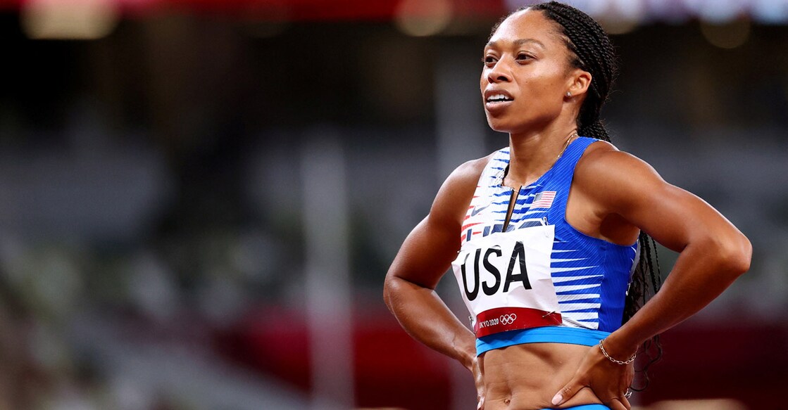 Allyson Felix reacts after winning the 4x400m relay gold at the Tokyo 2020 Olympics. File photo: Reuters/Lucy Nicholson