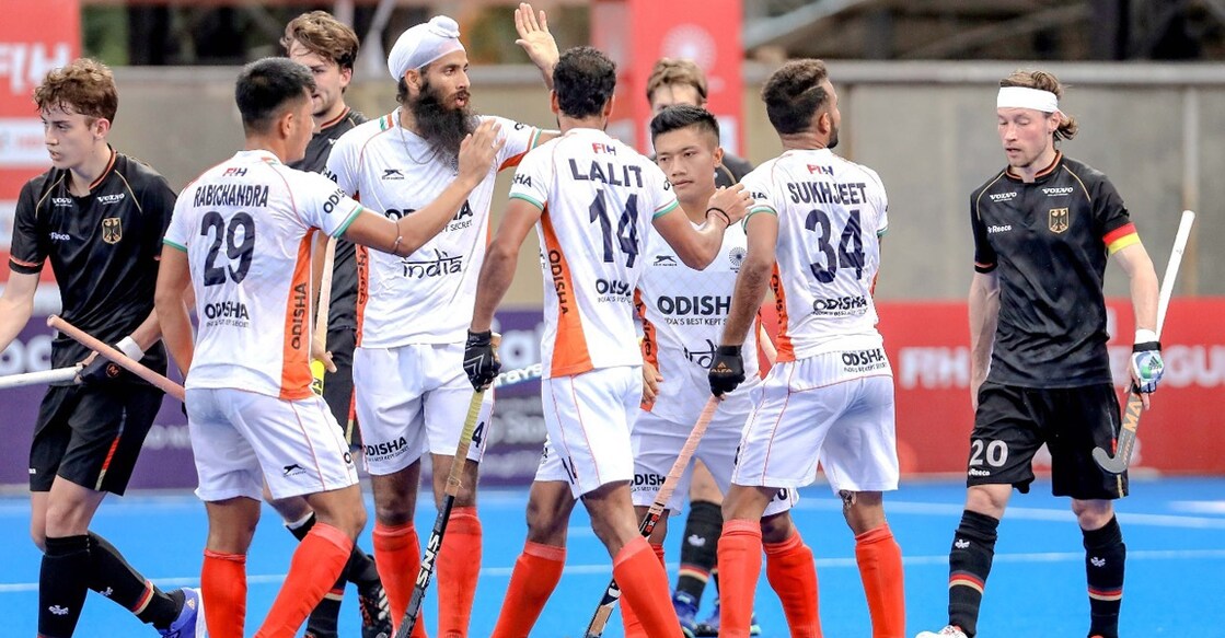 Indian players celebrate a goal. Photo: IANS
