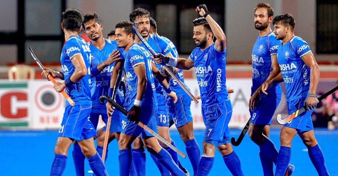 Indian players are delighted after scoring a goal. Photo: Twitter@TheHockeyIndia