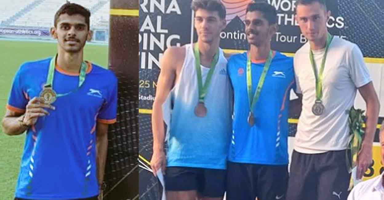 M Sreeshankar posing with his medal at the 12th International Jumping Meeting at Kallithea, Greece on Wednesday. Photo: Twitter/ @afiindia