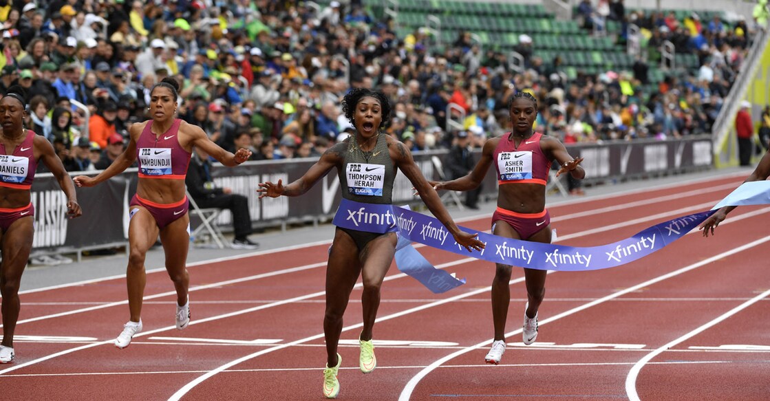 Jamaica's Elaine Thompson-Herah wins the women's 100m women final at Hayward Field, Eugene, Oregon, on Saturday. Photo: Andy Nelson/Diamond League AG/ via AFP