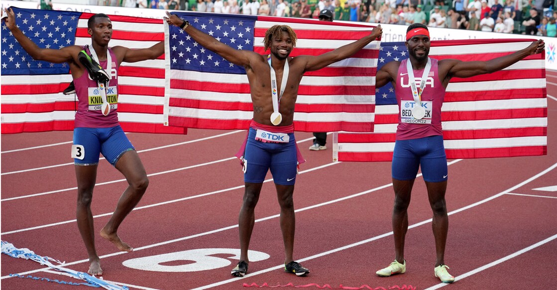From left: Erriyon Knighton, Noah Lyles and Kenneth Bednarek celebrate after sweeping the men’s 200m. Photo: Kirby Lee-USA TODAY Sports/Reuters