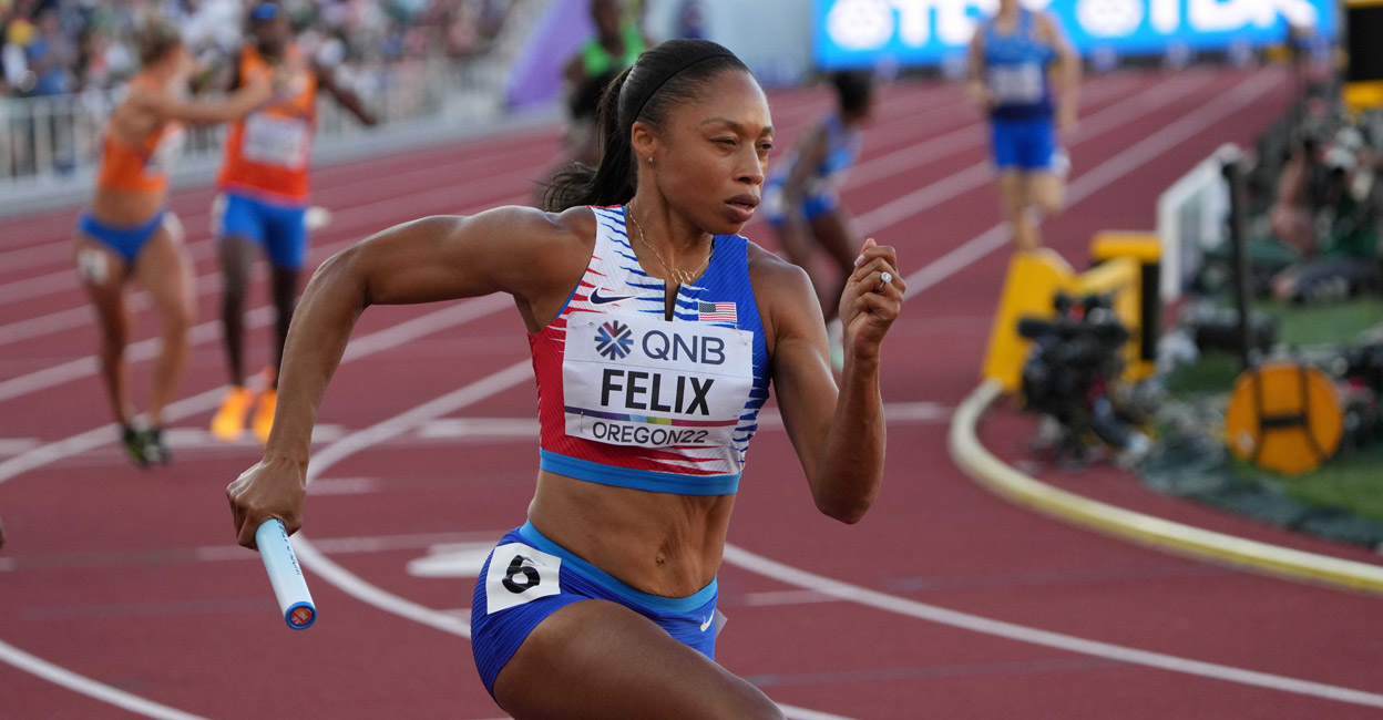 Allyson Felix runs the second leg of the USA mixed 4 x 400m relay at the World Athletics Championships. File photo: Kirby Lee-USA TODAY Sports/Reuters