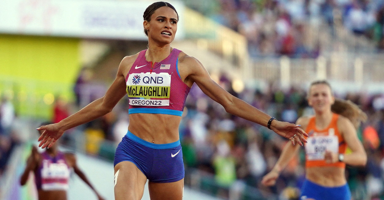 Sydney McLaughlin crosses the line to win the women's 400 metres hurdles final. Photo: Reuters/Lucy Nicholson