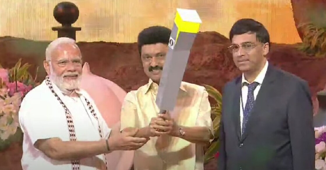 India's Prime Minister Narendra Modi and Tamil Nadu Chief Minister MK Stalin with the Chess Olympiad torch during the inauguration of the event on Thursday. Former World Chess Champion Viswanathan Anand also seen. Photo: Twitter/ @chennaichess22
