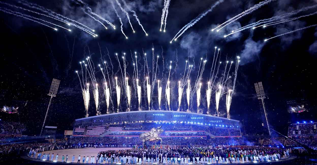 General view of fireworks and the raging bull during the opening ceremony REUTERS/Stefan Wermuth