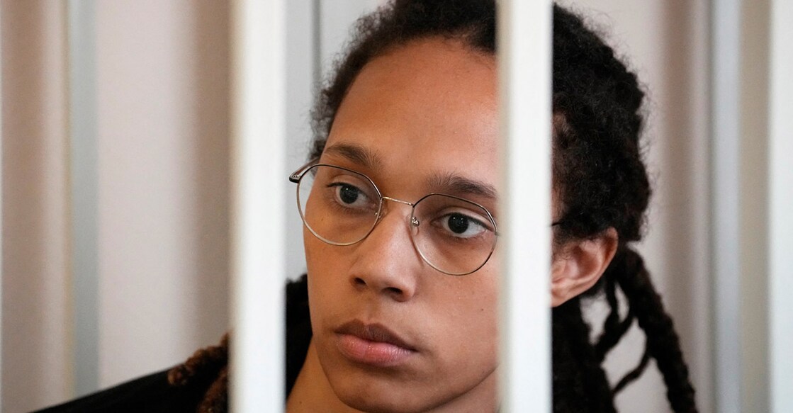 Brittney Griner sits in a cage at a court room prior to a hearing, in Khimki , outside Moscow, on Wednesday. File photo: Reuters/Alexander Zemlianichenko