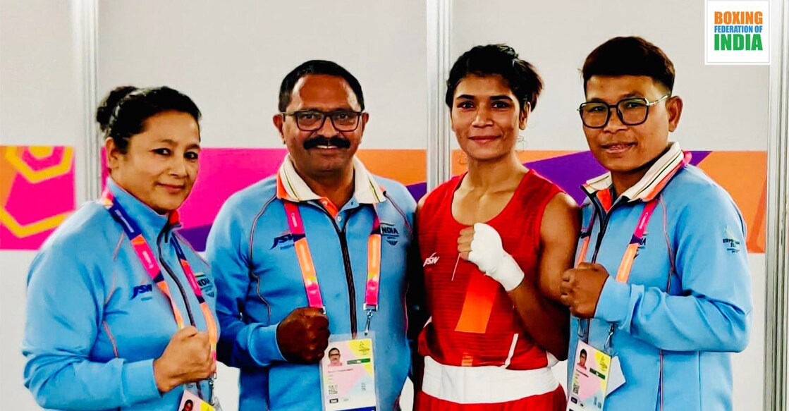 Nikhat Zareen with the Indian support staff. Photo: Twitter@BFI_official