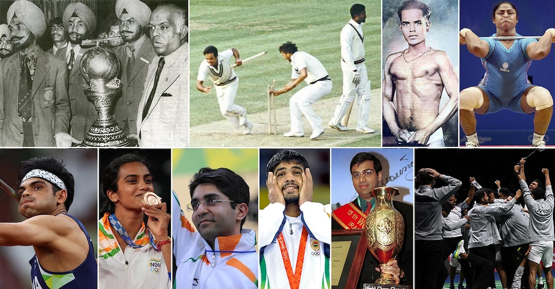 Clockwise: Indian hockey team with the World Cup, Yashpal Sharma and Mohinder Amarnath celebrate after the 1983 World Cup final, K D Jadhav, Karnam Malleswari at Sydeny 2000, Indian players exult after winning the 2022 Thomas Cup, Viswanathan Anand with the world championship trophy in 2000, Sushil Kumar on the podium at Beijing 2008, Abhinav Bindra at Beijing 2008, P V Sindhu at Tokyo 2020 and Neeraj Chopra in action in the Tokyo Olympics final. Photo: AFP & Manorama Archives 