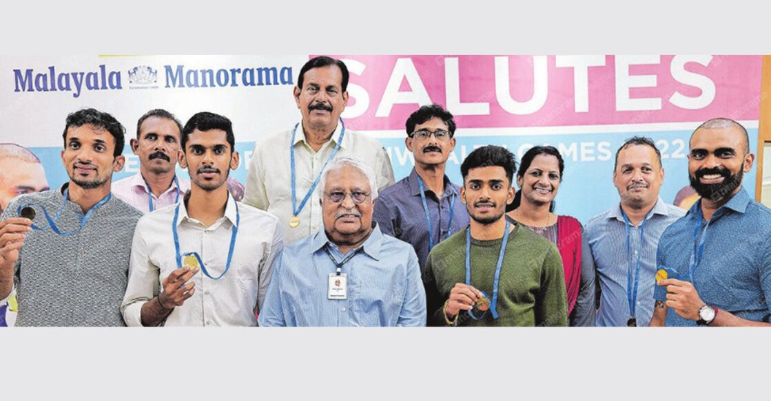 Front row (from left): Abdulla Aboobacker, M Sreeshankar, Malayala Manorama Editor Philip Mathew, Eldhose Paul and P R Sreejesh. Photo: Manorama