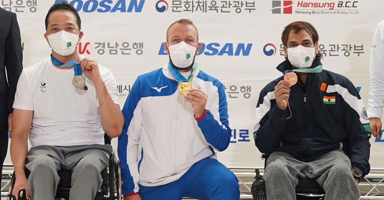 Sidhartha Babu Sidhartha Babu (right) poses on the podium in the Para Shooting World Cup in Changwon, Korea. Photo: Facebook/ @shootingparasport