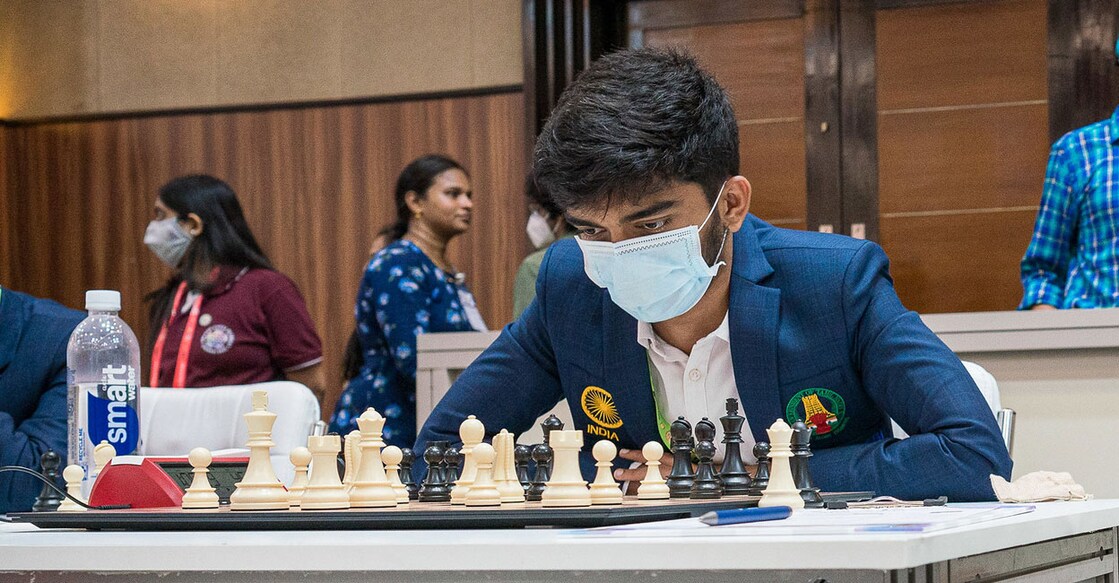 GM D Gukesh in action during round five of Chess Olympiad at Mamallapuram, Tamil Nadu on Tuesday. Photo: Special arrangement