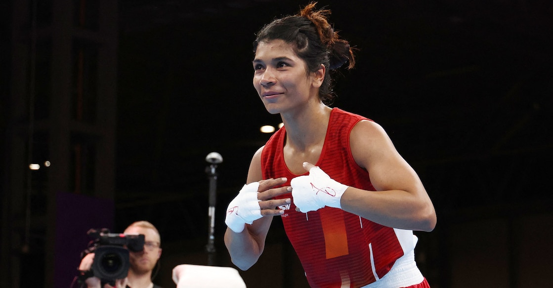 Nikhat  Zareen celebrates her win. File photo: AFP/Darren Staples 