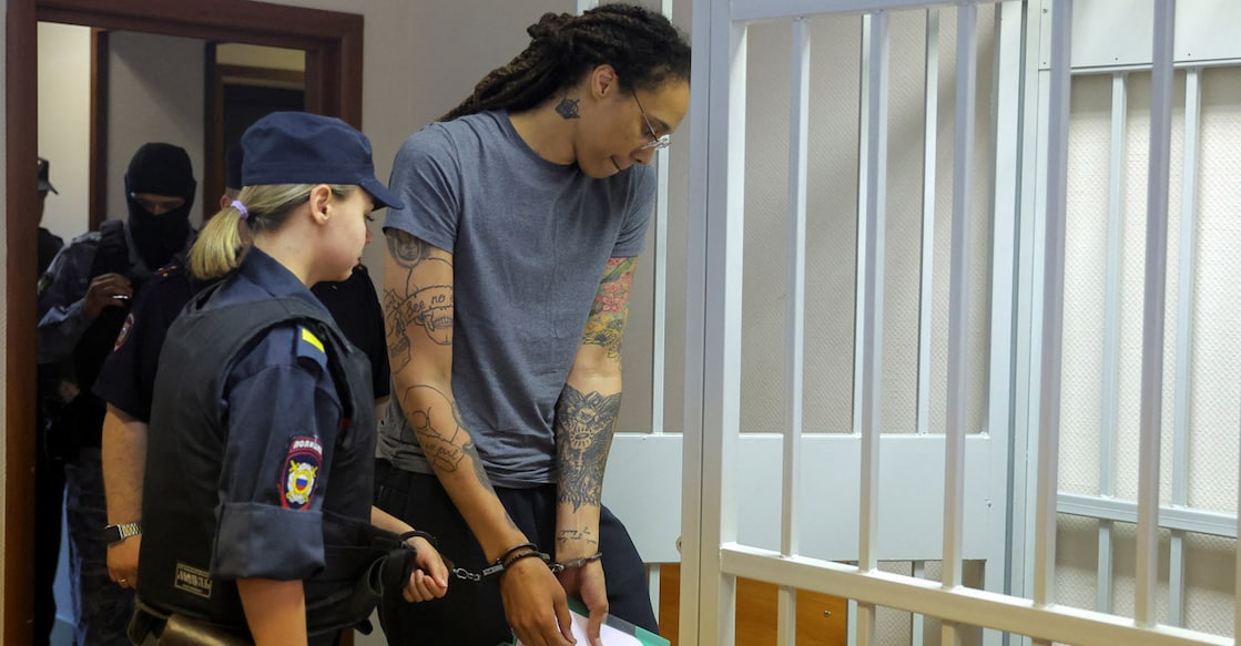 Brittney Griner is escorted before a court hearing in Khimki outside Moscow on Thursday. Photo: Reuters/Evgenia Novozhenina/Pool