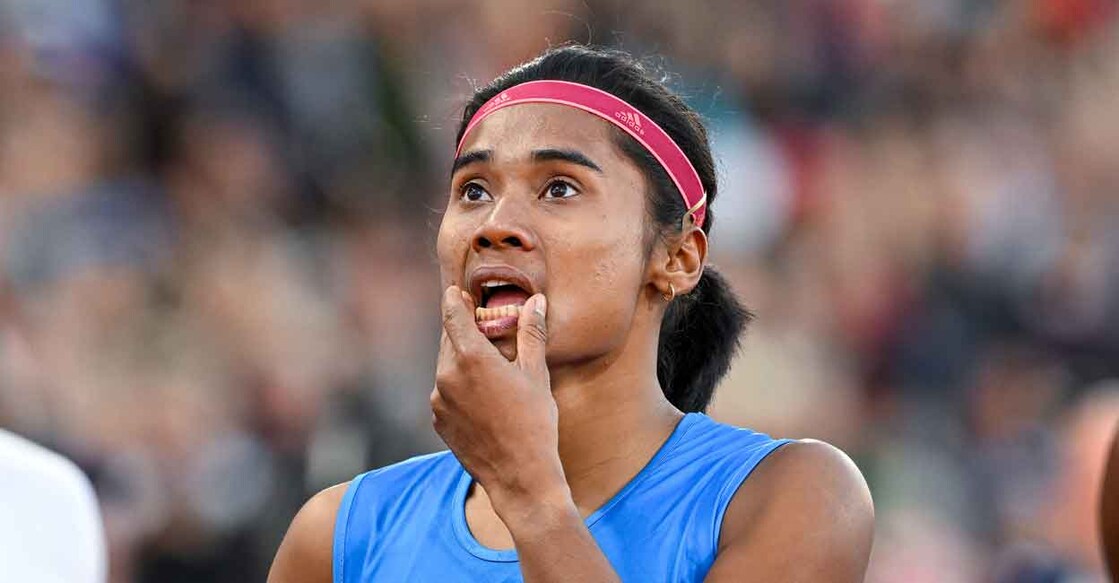 Hima Das of India reacts after competing in the Women's 200 meters semifinal during the athletics in the Alexander Stadium at the Commonwealth Games. Das failed to qualify for the finals. (PTI Photo/R Senthil Kumar)