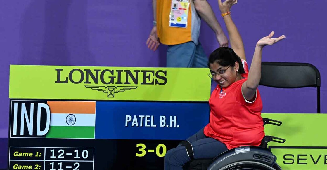 India's Bhavina Hasmukhbhai Patel reacts after winning gold medal during the final of Para Table Tennis event at Commonwealth Games 2022 in Birmingham,UK, Saturday, Aug 6, 2022. (PTI Photo/Swapan Mahapatra)