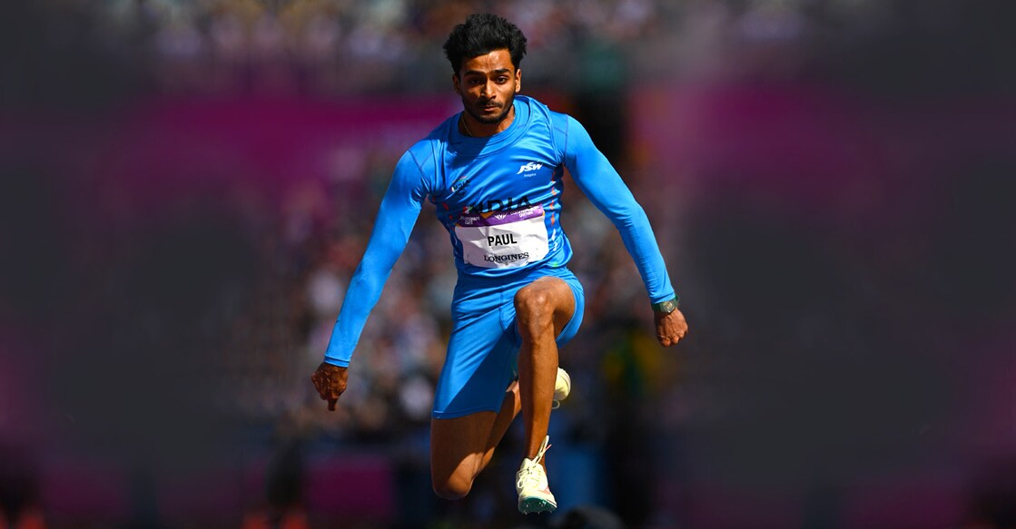 Eldhose Paul in action in the final. Photo: AFP/Glyn Kirk