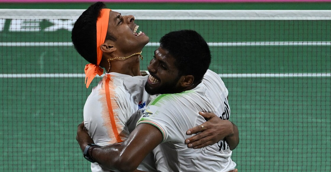 Chirag Shetty and Satwik Sairaj Rankireddy celebrate their win. Photo: AFP: Ben Stansall
